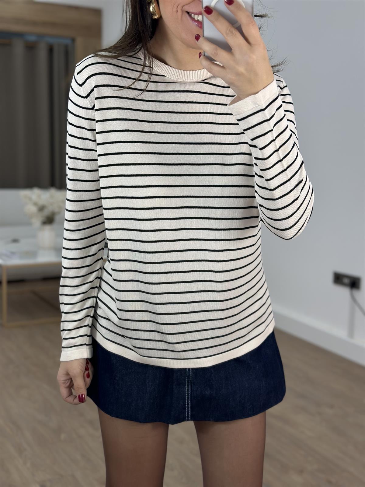 Orijinal Marka Çizgili Triko - Ekru