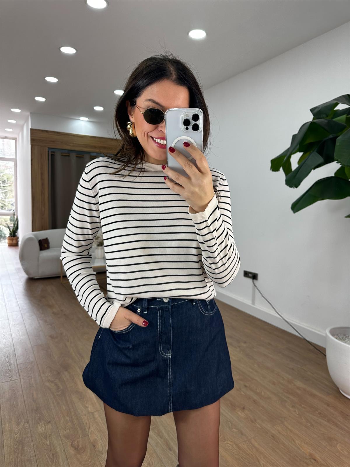 Orijinal Marka Çizgili Triko - Ekru