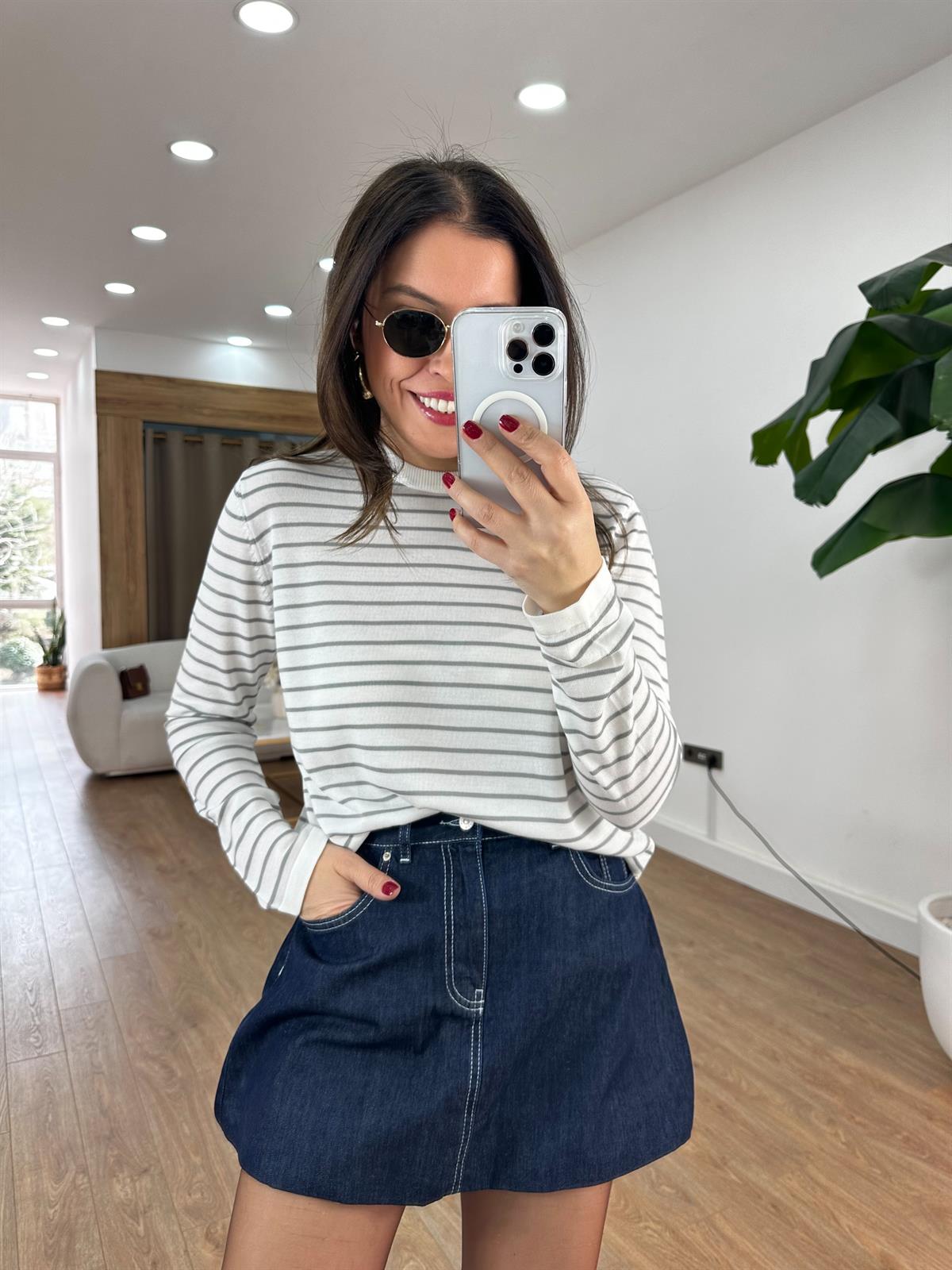 Orijinal Marka Çizgili Triko - Gri