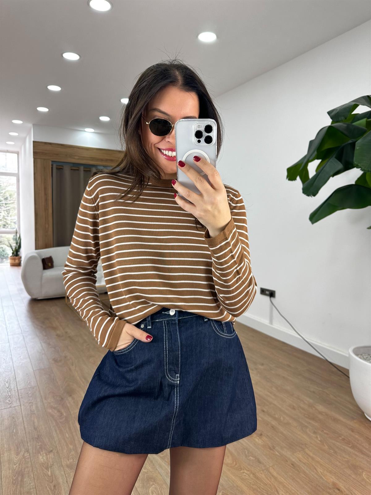 Orijinal Marka Çizgili Triko - Kahverengi