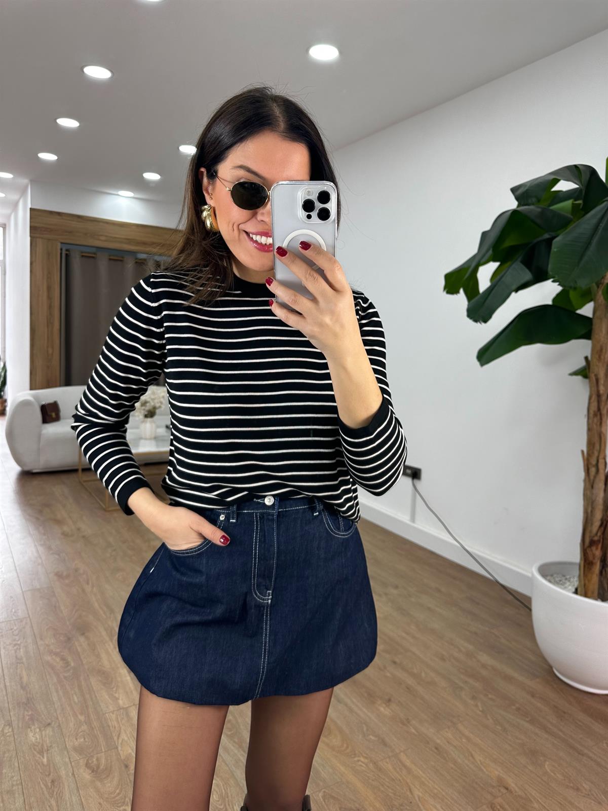 Orijinal Marka Çizgili Triko - Siyah