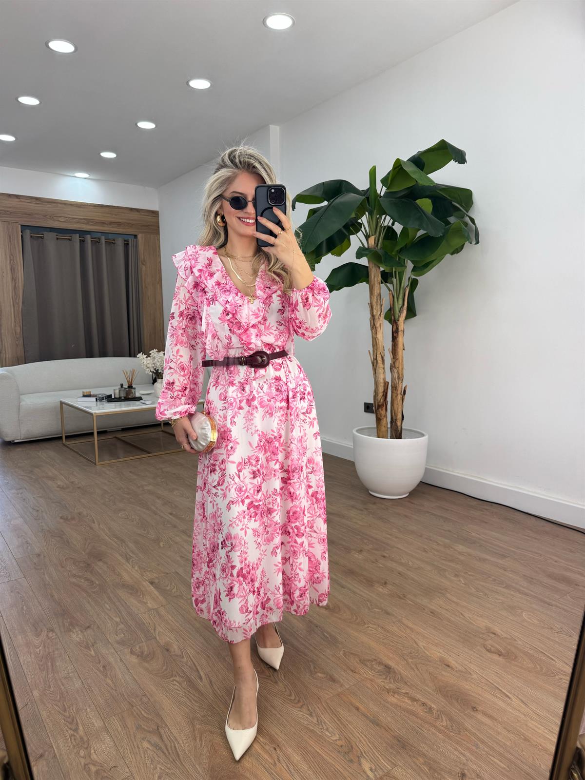 Orijinal Marka Kemerli  Şifon Elbise 