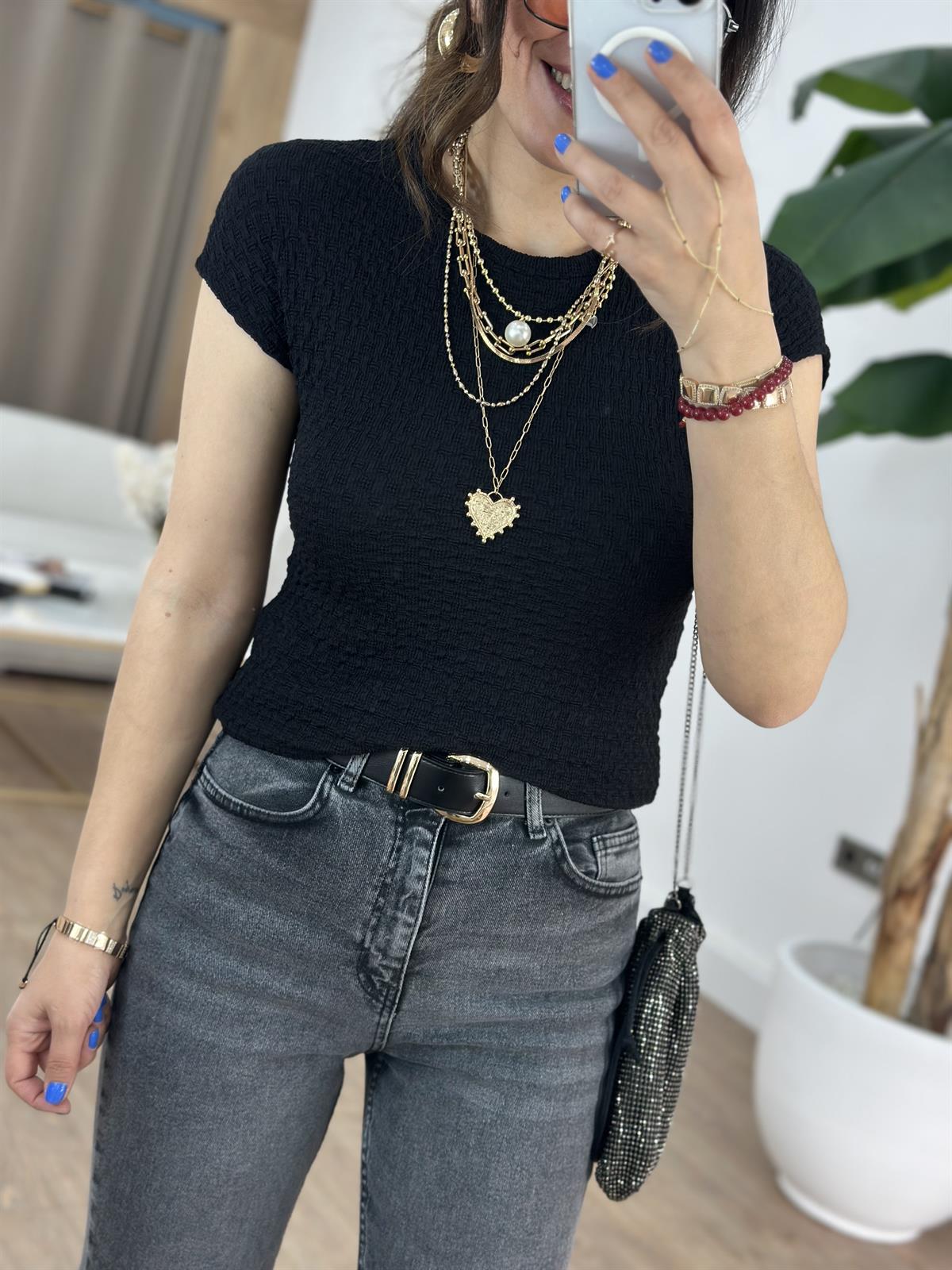 Orijinal Marka Kendinden Desenli Tshirt - Siyah