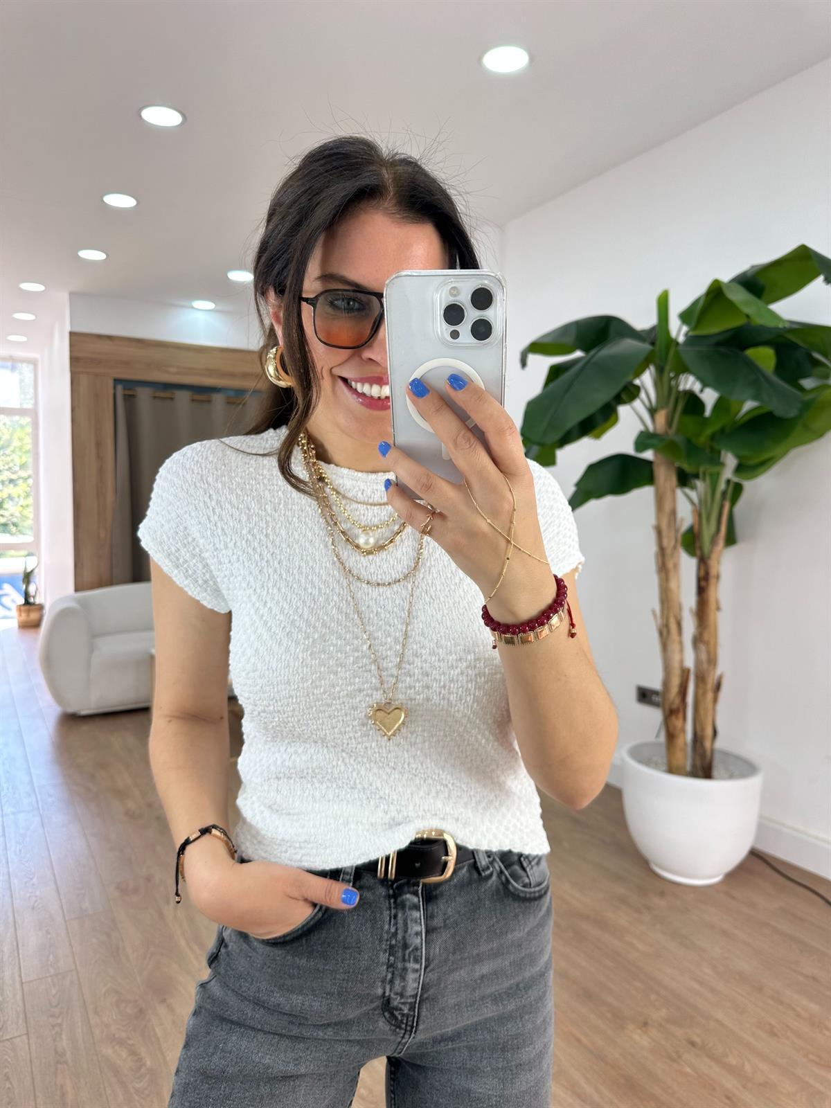 Orijinal Marka Kendinden Desenli Tshirt - Beyaz