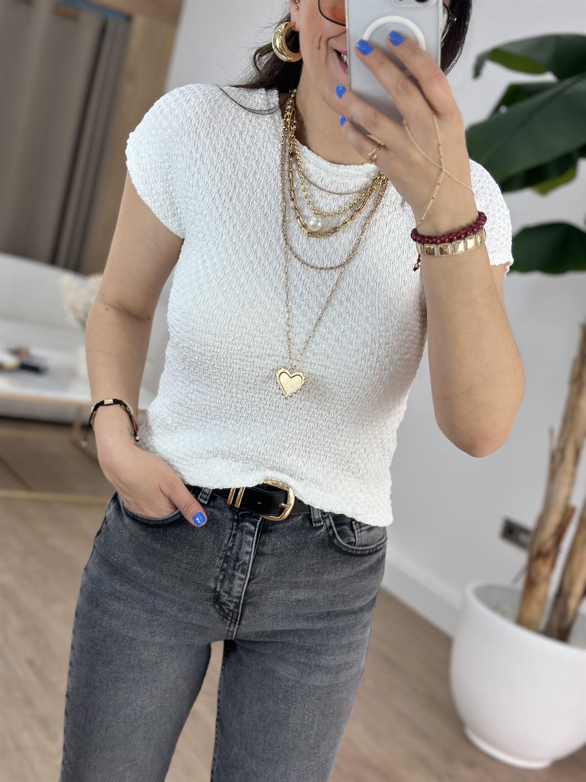 Orijinal Marka Kendinden Desenli Tshirt - Beyaz