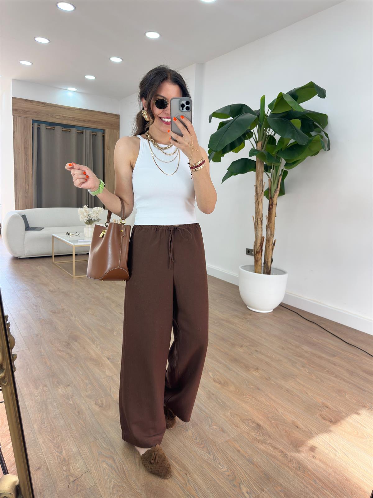 Orijinal Marka Keten Bol Paça Pantolon - Kahverengi