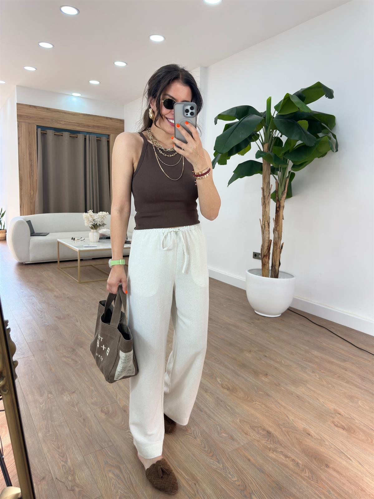 Orijinal Marka Keten Bol Paça Pantolon - Taş