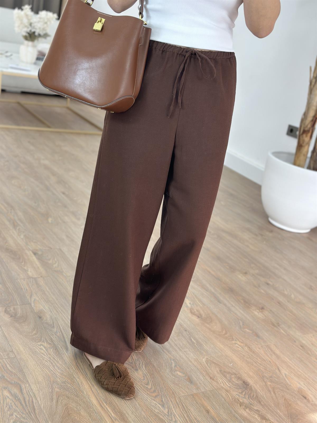 Orijinal Marka Keten Bol Paça Pantolon - Kahverengi