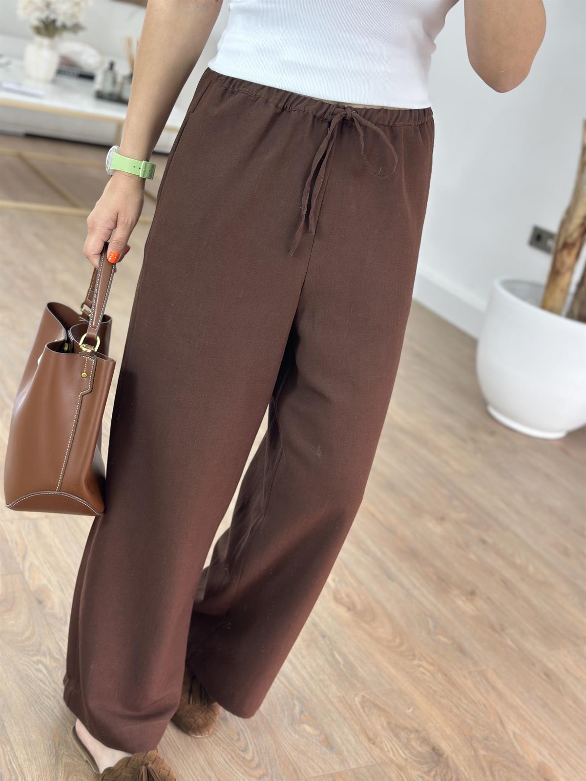 Orijinal Marka Keten Bol Paça Pantolon - Kahverengi