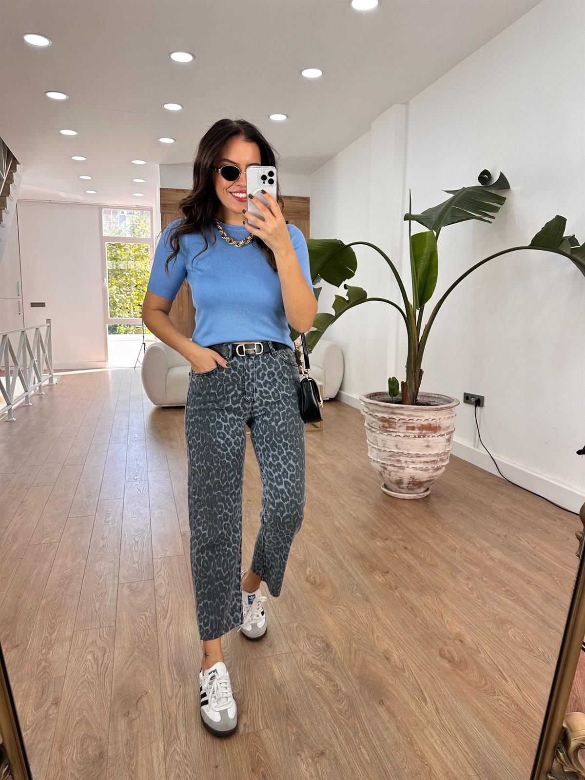 Orijinal Marka Likralı Mavi Leopar Jean