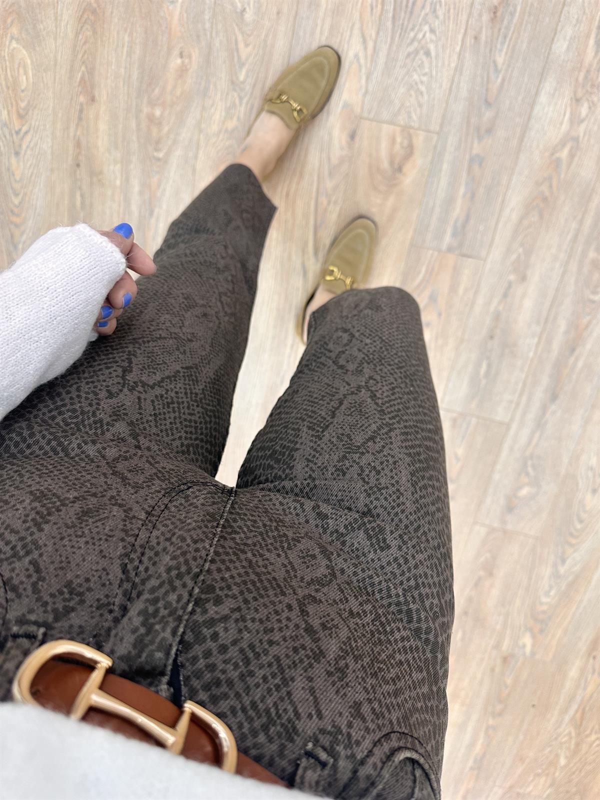 Orijinal Marka Likralı Yılan Desen Boyfit Jean-Haki