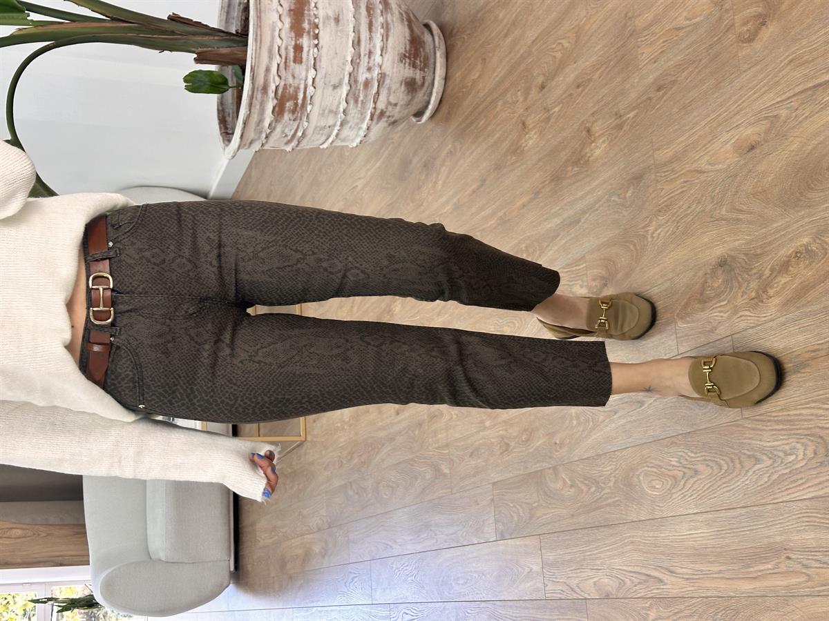 Orijinal Marka Likralı Yılan Desen Boyfit Jean-Haki