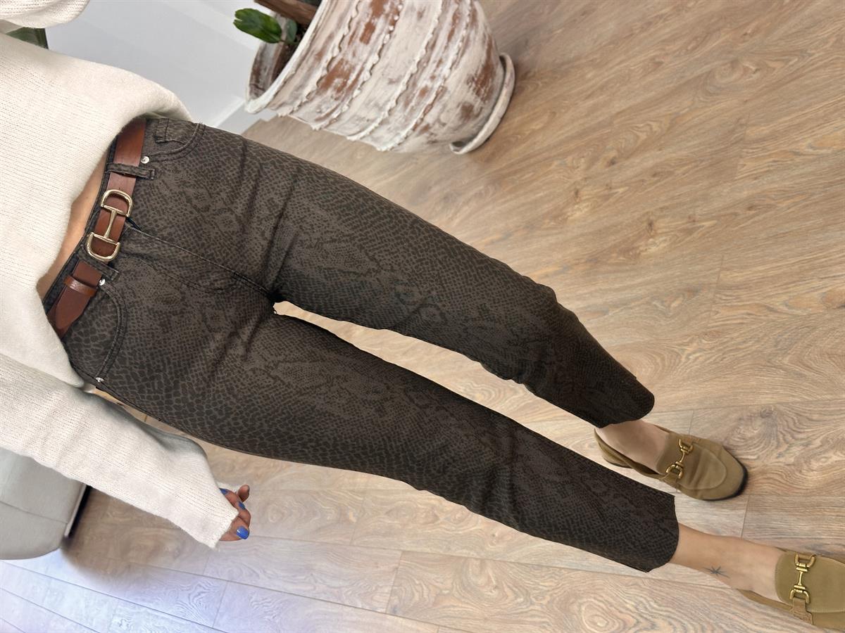 Orijinal Marka Likralı Yılan Desen Boyfit Jean-Haki