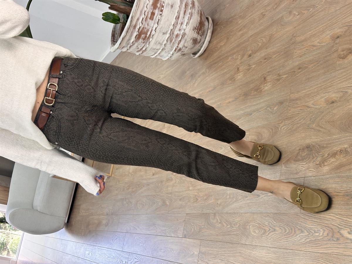 Orijinal Marka Likralı Yılan Desen Boyfit Jean-Haki