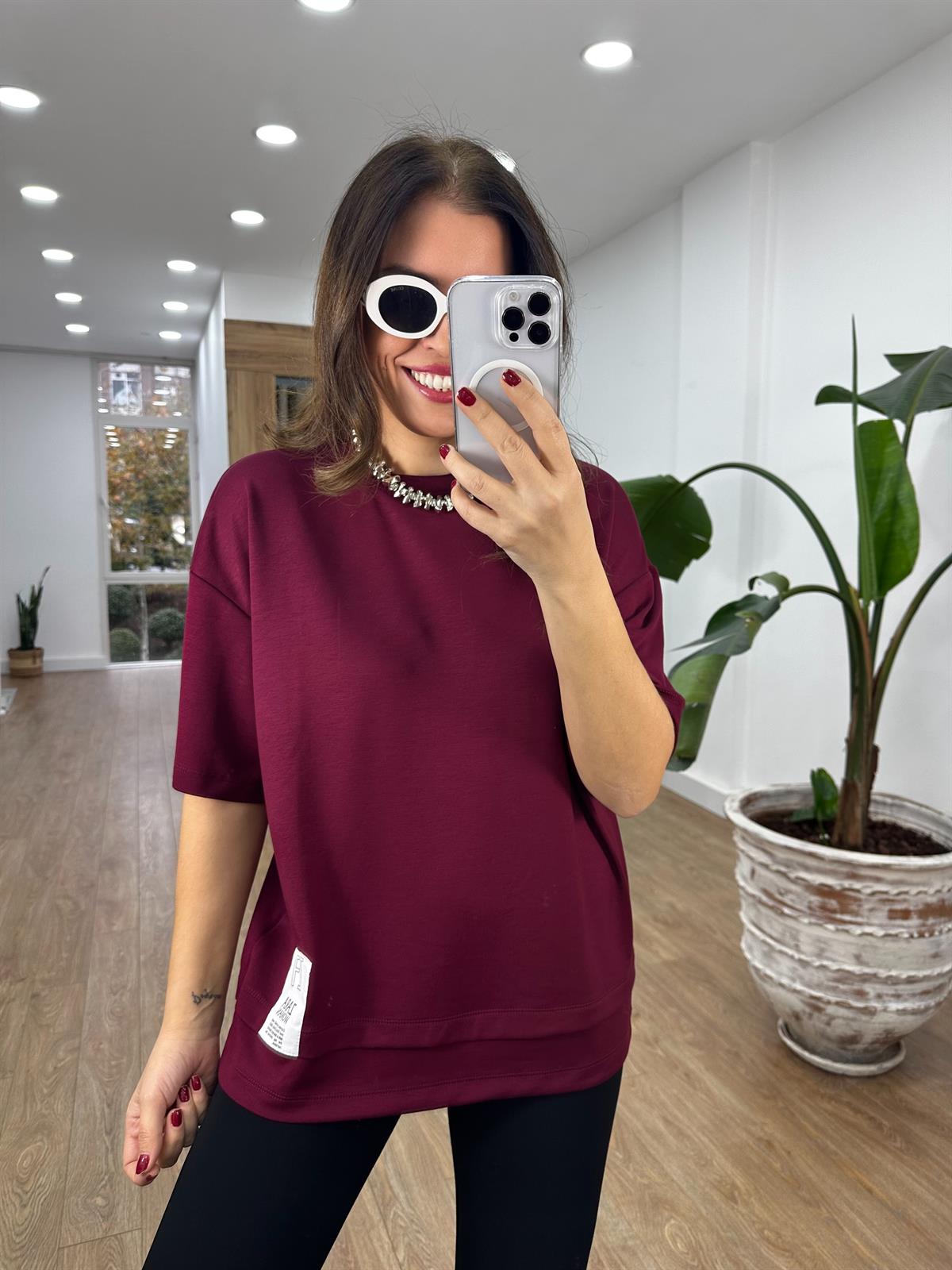 Orijinal Marka Modal Oversize Tshirt - Bordo