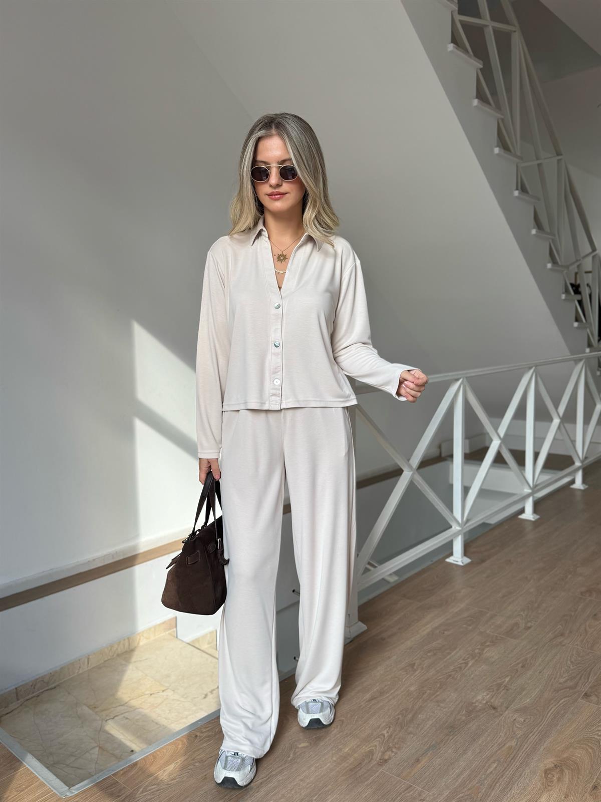 Orijinal Marka Modal Pantolon Gömlek Takım - Taş