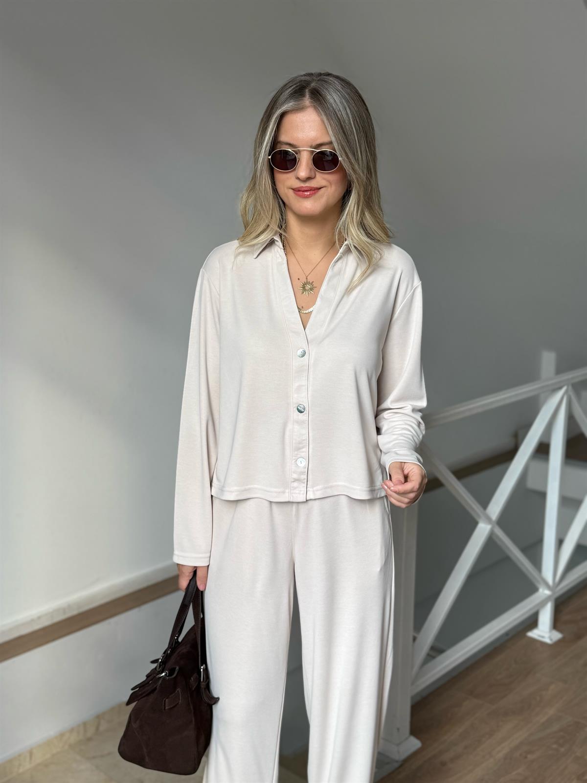 Orijinal Marka Modal Pantolon Gömlek Takım - Taş