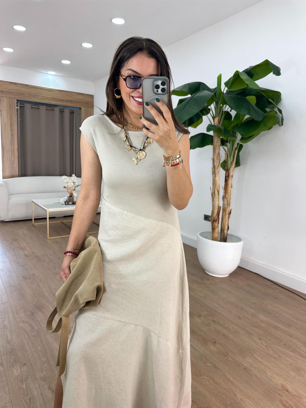 Orijinal Marka Triko Detaylı Keten Elbise