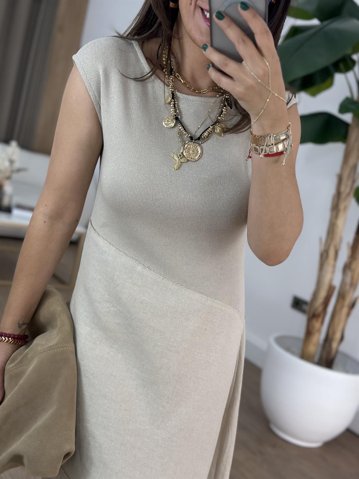 Orijinal Marka Triko Detaylı Keten Elbise