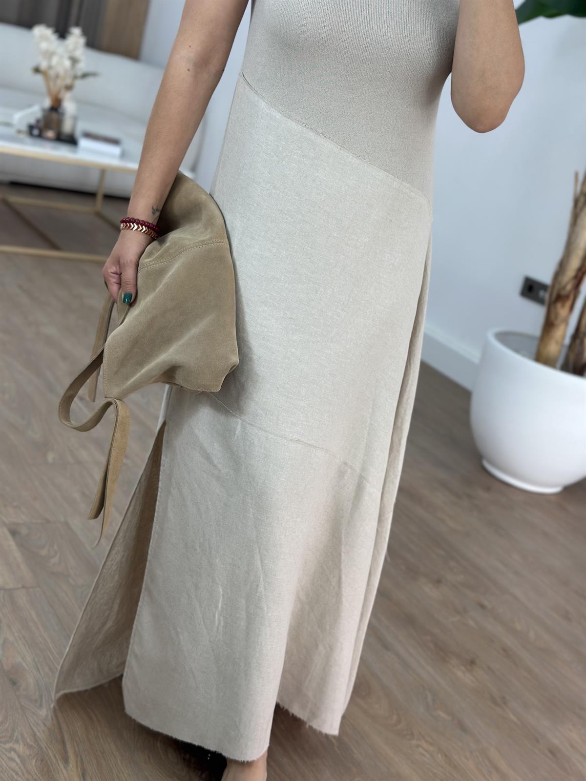 Orijinal Marka Triko Detaylı Keten Elbise