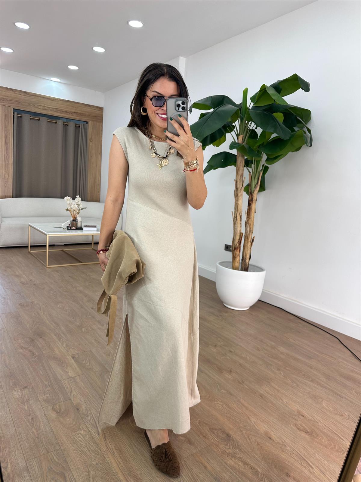 Orijinal Marka Triko Detaylı Keten Elbise