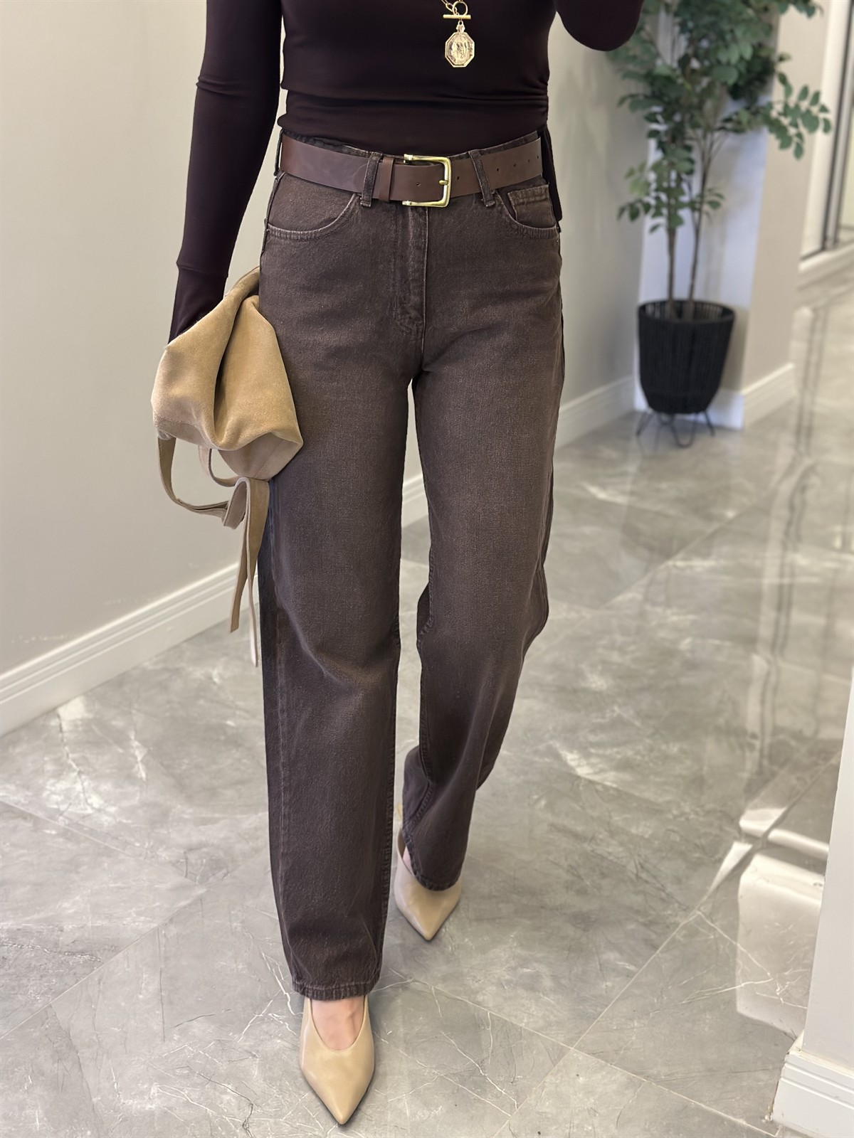 Orijinal Marka Yıkamalı Bol Paça Straight Jean - Kahverengi