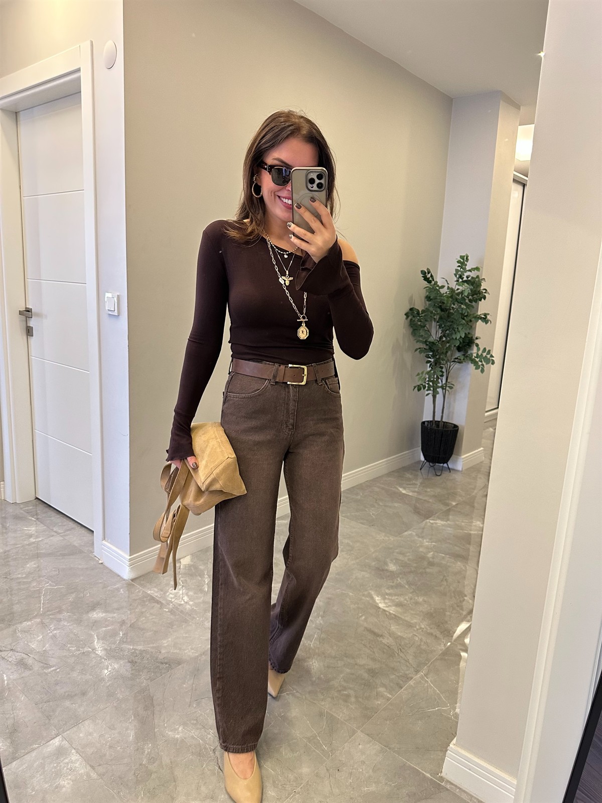 Orijinal Marka Yıkamalı Bol Paça Straight Jean - Kahverengi