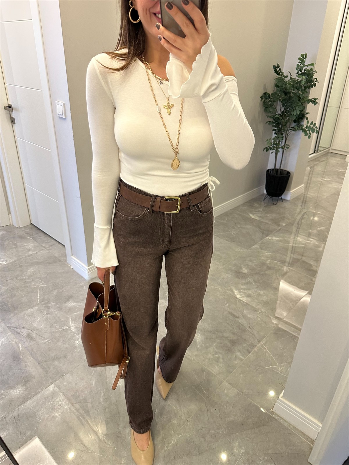 Orijinal Marka Yıkamalı Bol Paça Straight Jean - Kahverengi