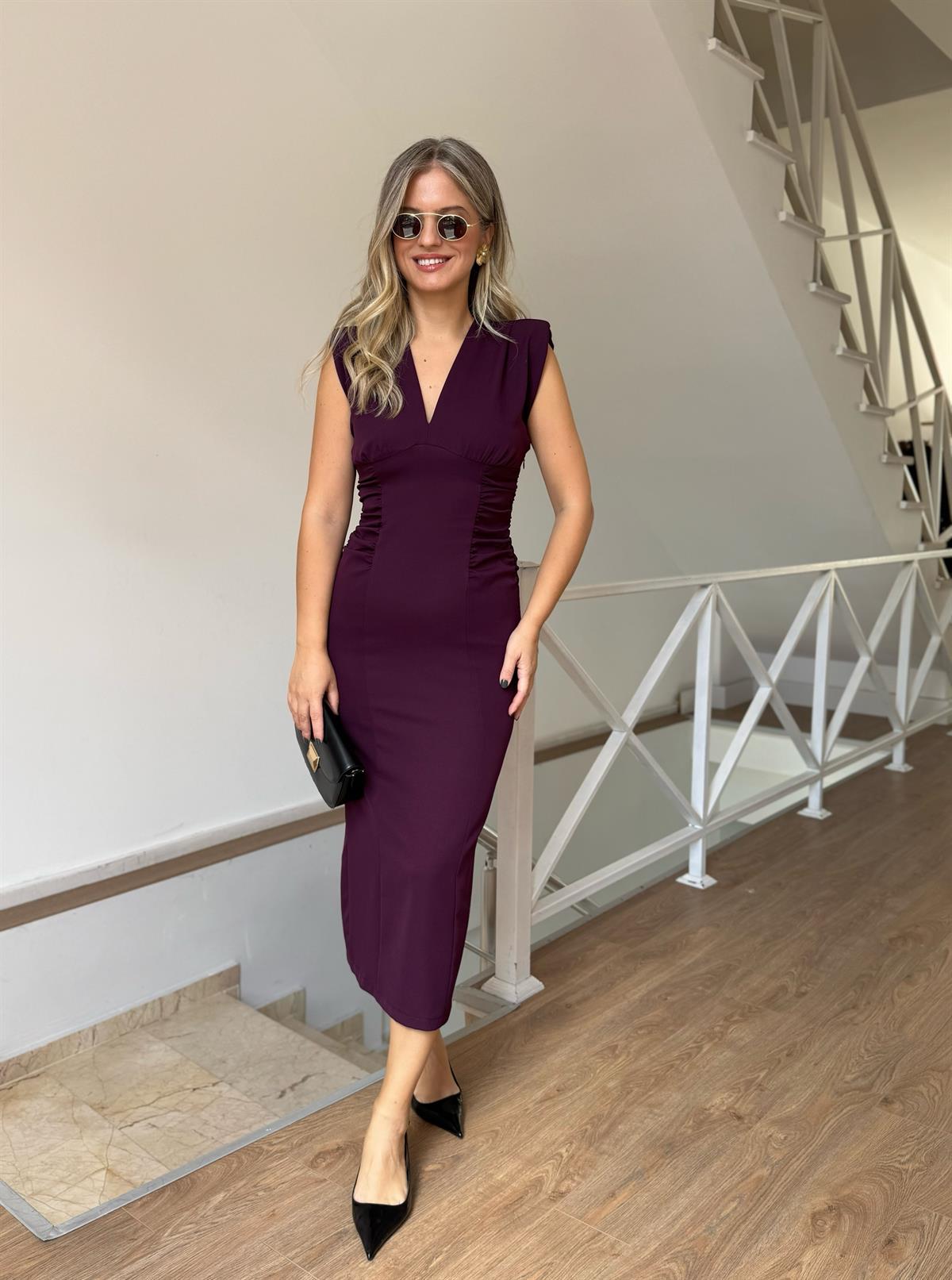 Orijinal Model Beli Drapeli Midi Elbise - Mürdüm