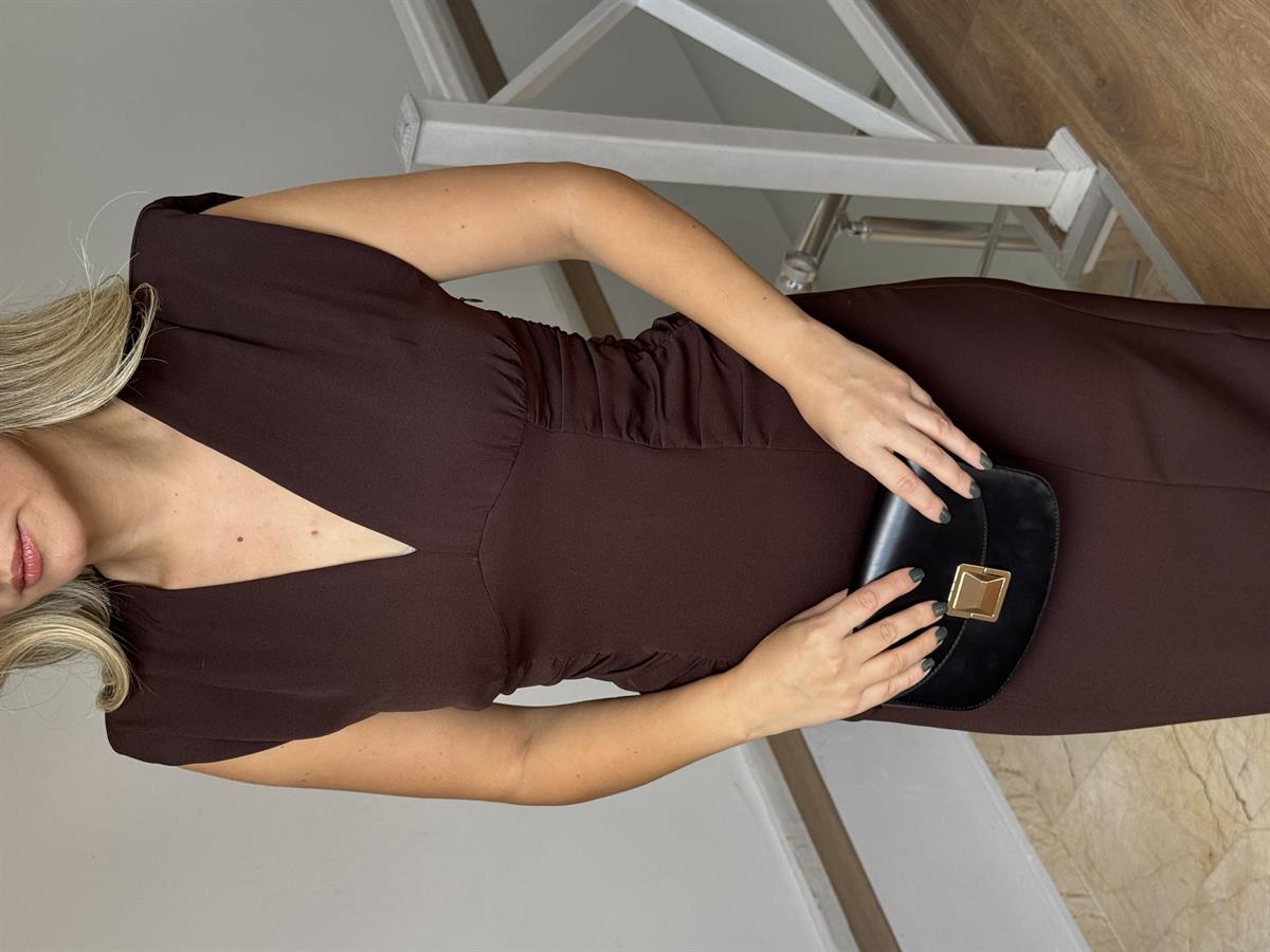 Orijinal Model Beli Drapeli Midi Elbise - Kahverengi