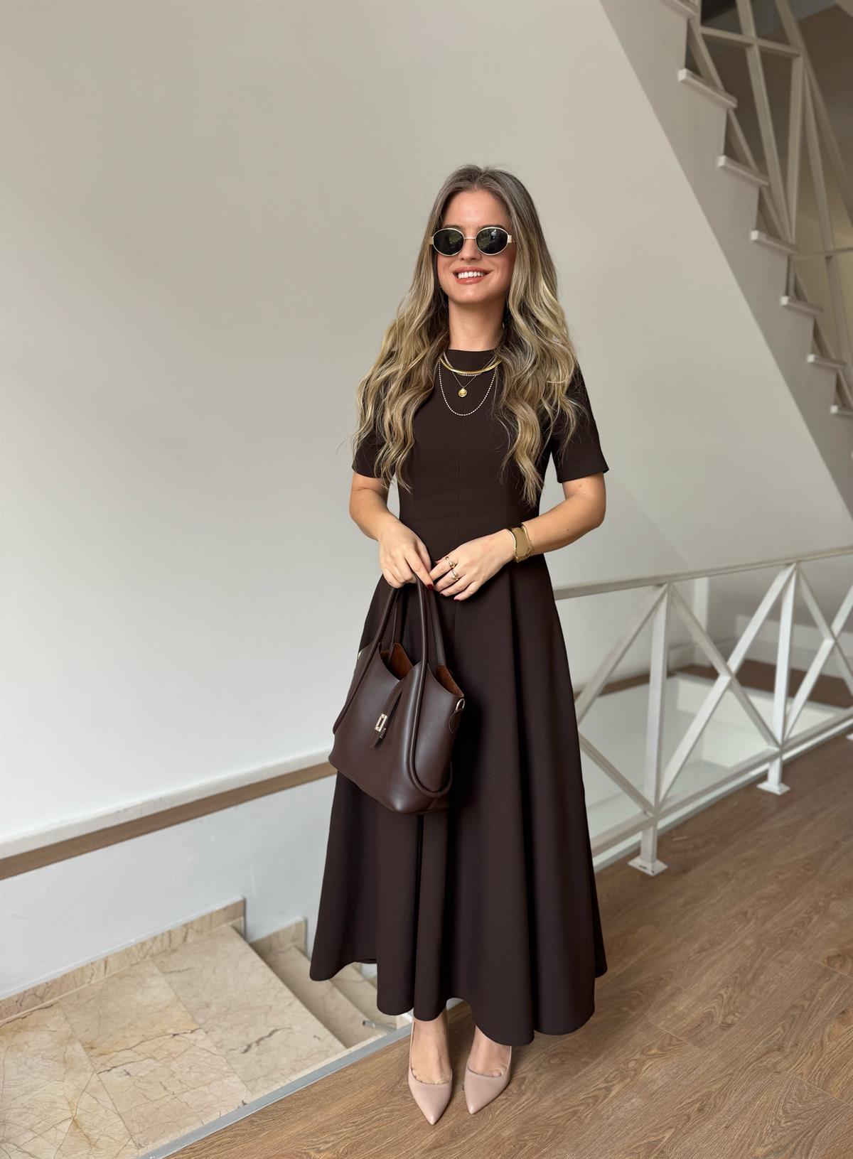 Orijinal Model Midi Boy Çan Elbise-Kahve