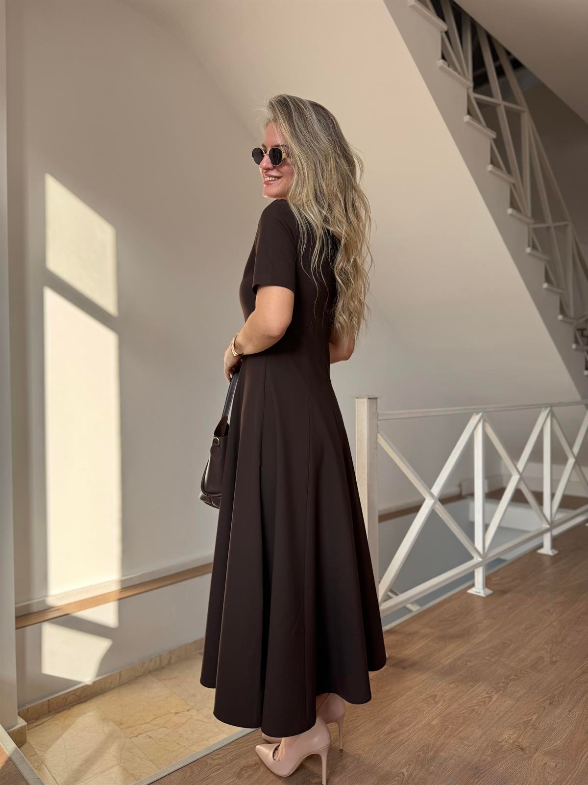 Orijinal Model Midi Boy Çan Elbise-Kahve