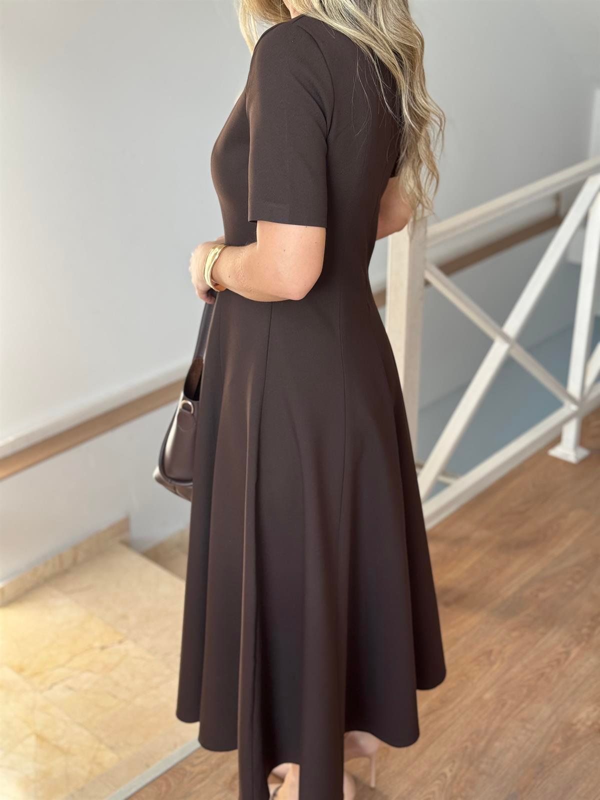 Orijinal Model Midi Boy Çan Elbise-Kahve