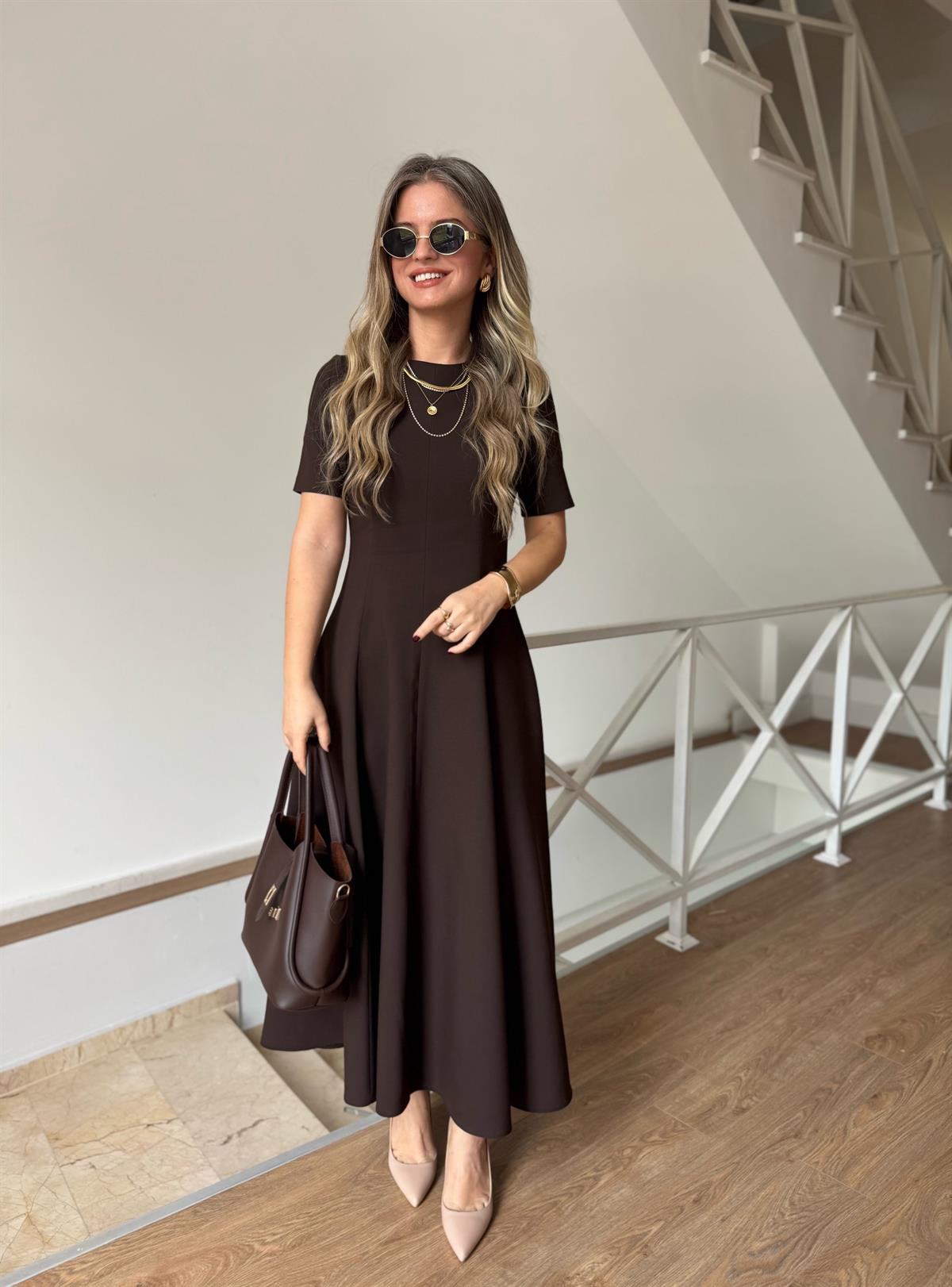 Orijinal Model Midi Boy Çan Elbise-Kahve