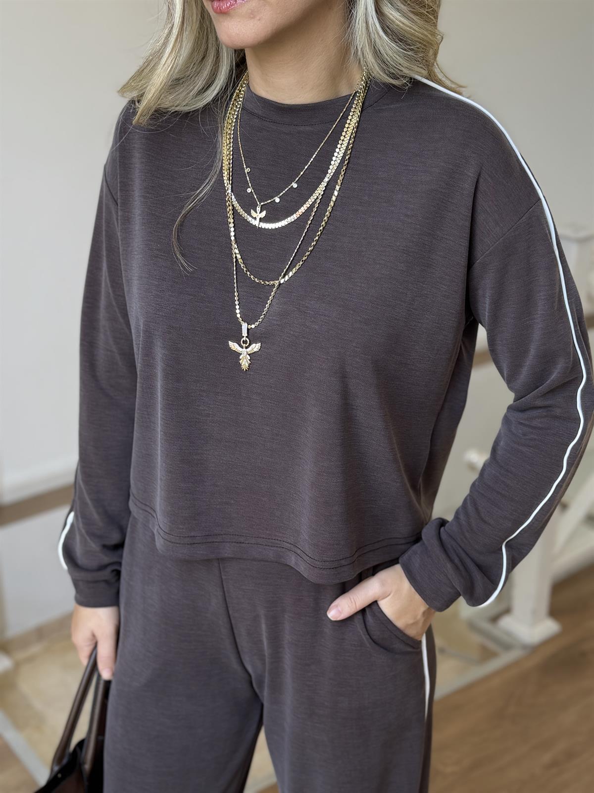 Orjinal Marka Bisiklet Yaka Çizgili Eşofman Takımı - Kahverengi