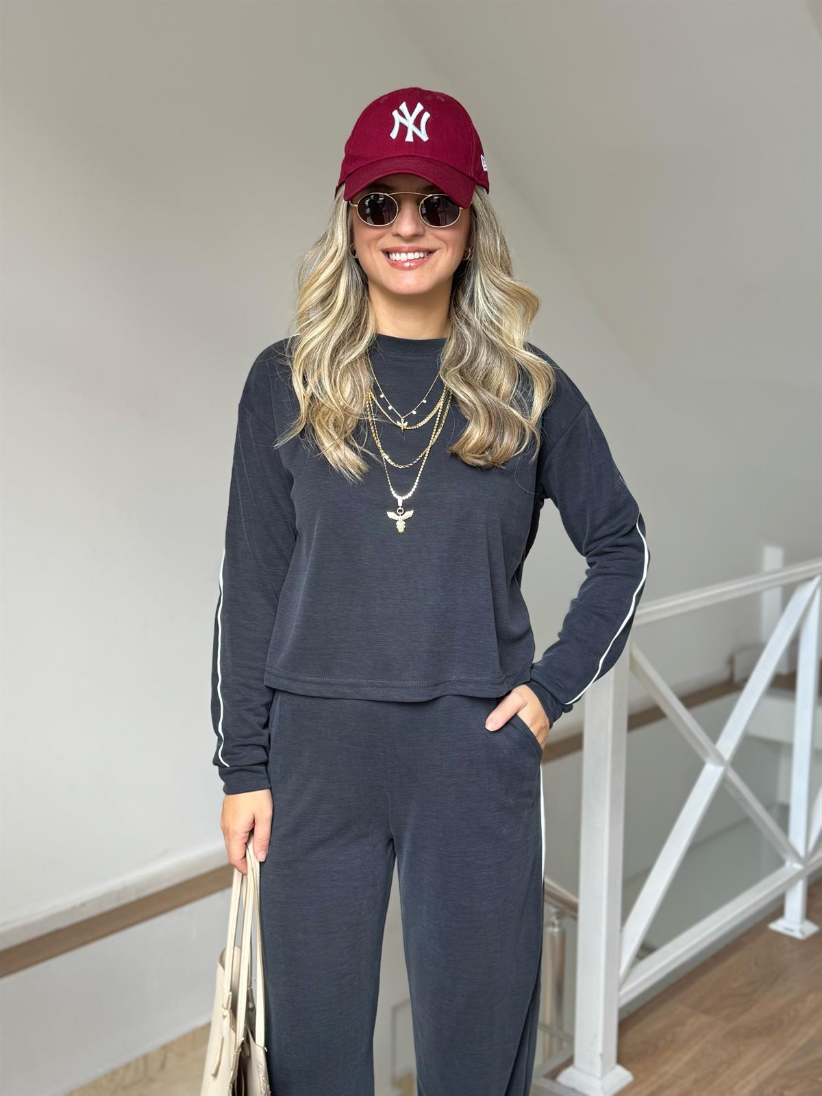 Orjinal Marka Bisiklet Yaka Çizgili Eşofman Takımı - Antrasit