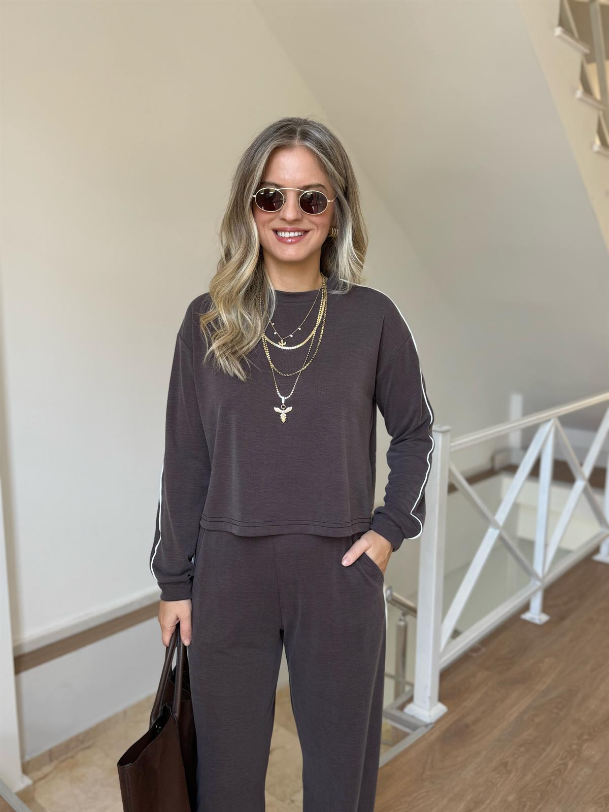 Orjinal Marka Bisiklet Yaka Çizgili Eşofman Takımı - Kahverengi