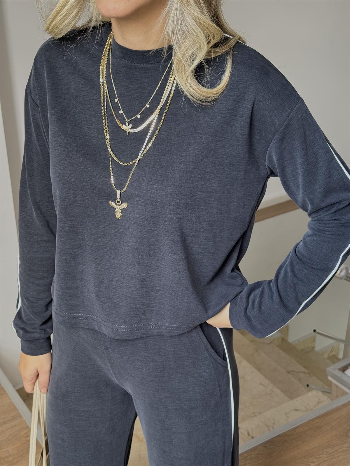 Orjinal Marka Bisiklet Yaka Çizgili Eşofman Takımı - Antrasit