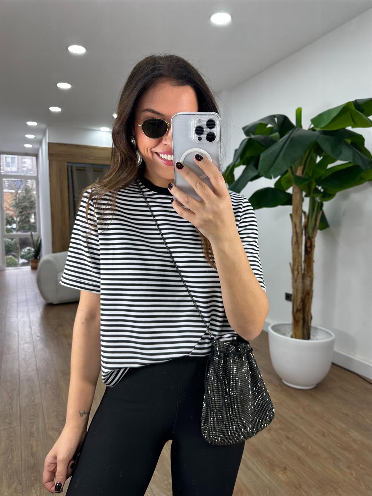 Orjinal Marka Çizgili Kısa Kollu Basic Tshirt - Siyah