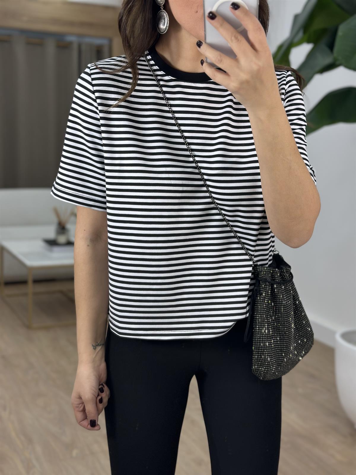 Orjinal Marka Çizgili Kısa Kollu Basic Tshirt - Siyah