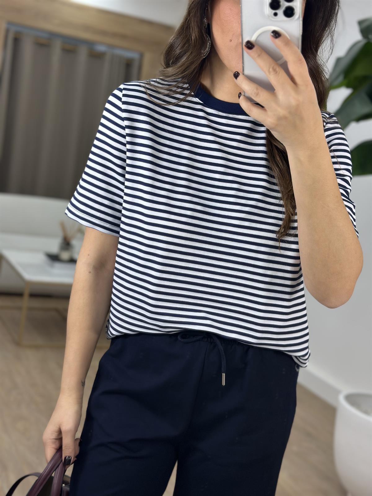 Orjinal Marka Çizgili Kısa Kollu Basic Tshirt - Lacivert