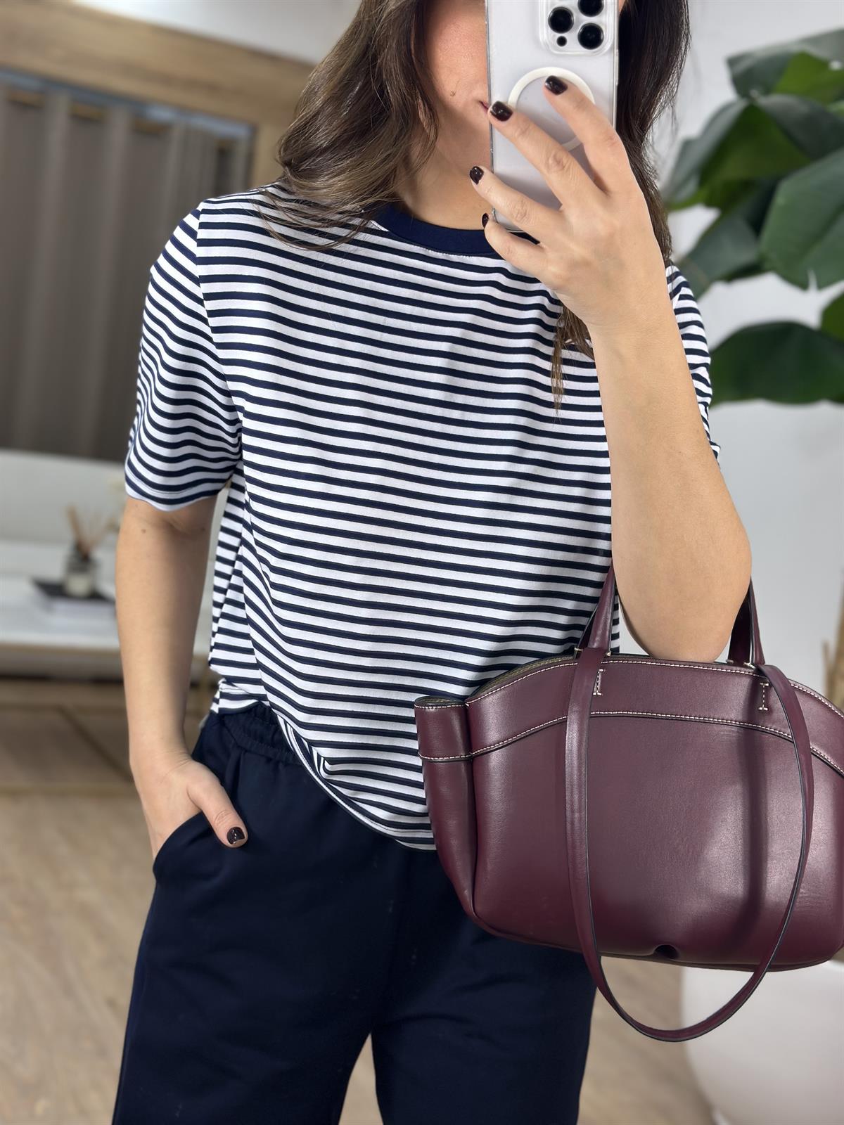 Orjinal Marka Çizgili Kısa Kollu Basic Tshirt - Lacivert