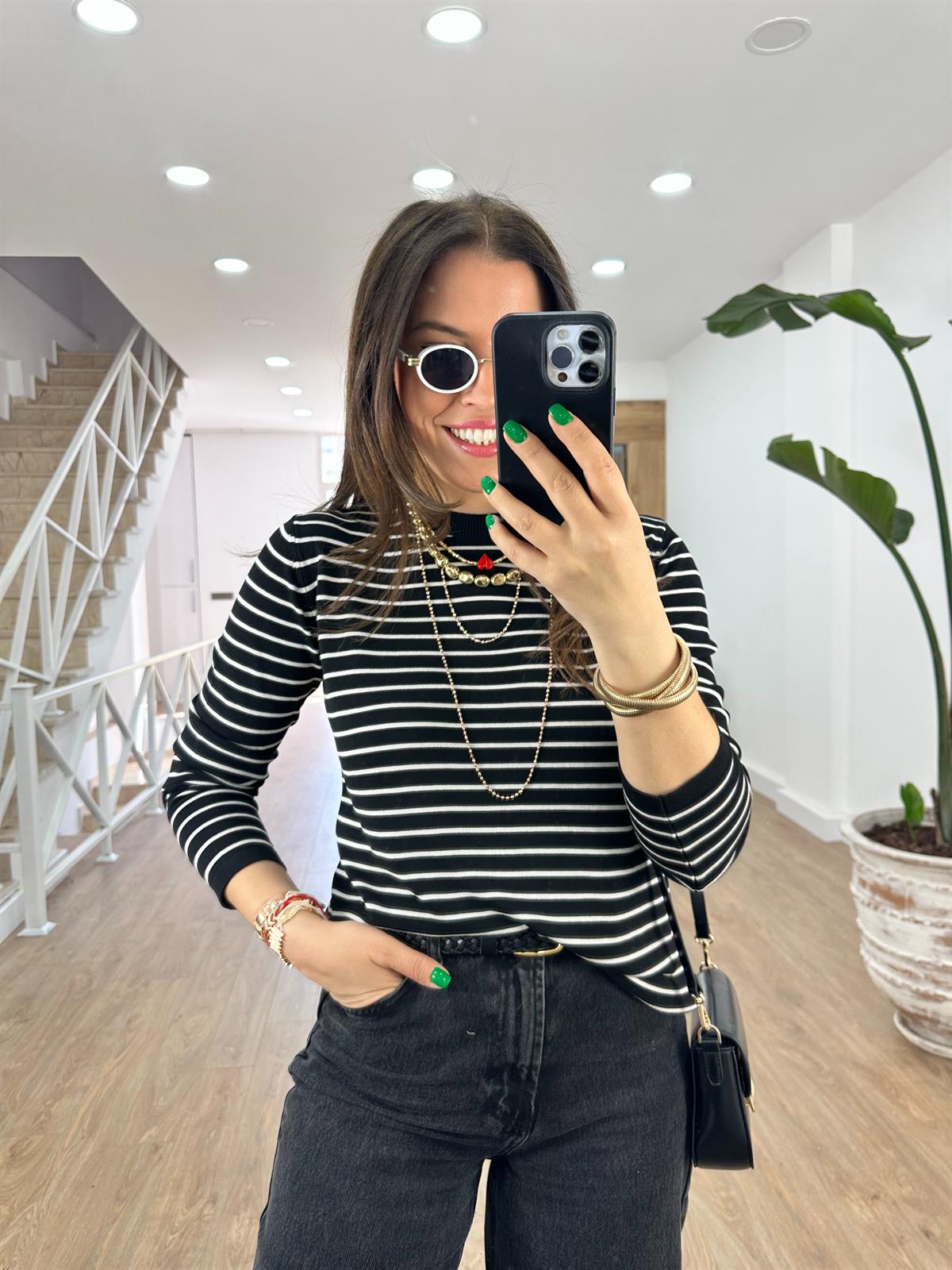 Orjinal Marka Çizgili Merserize Triko-Siyah