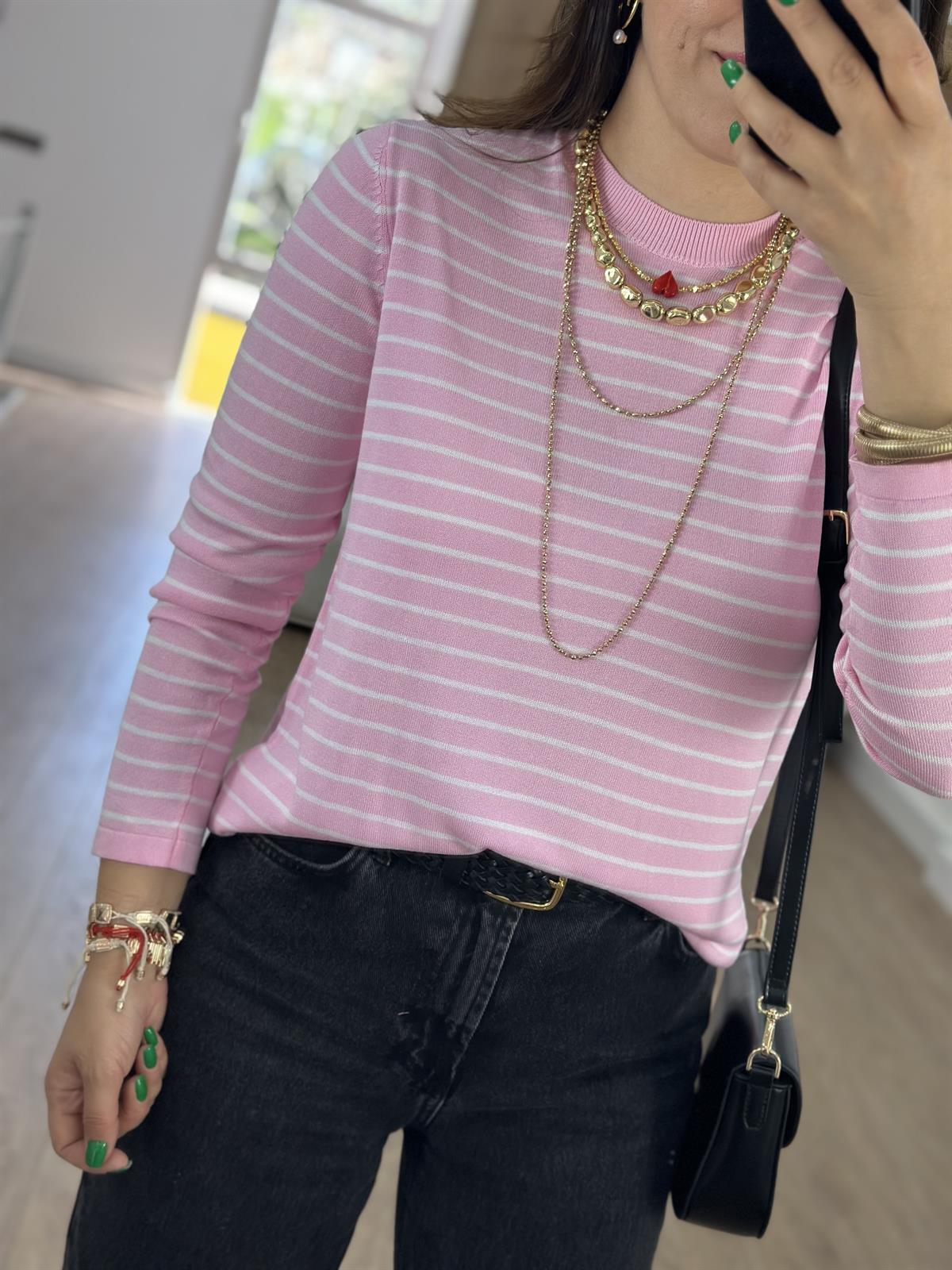 Orjinal Marka Çizgili Merserize Triko-Pembe