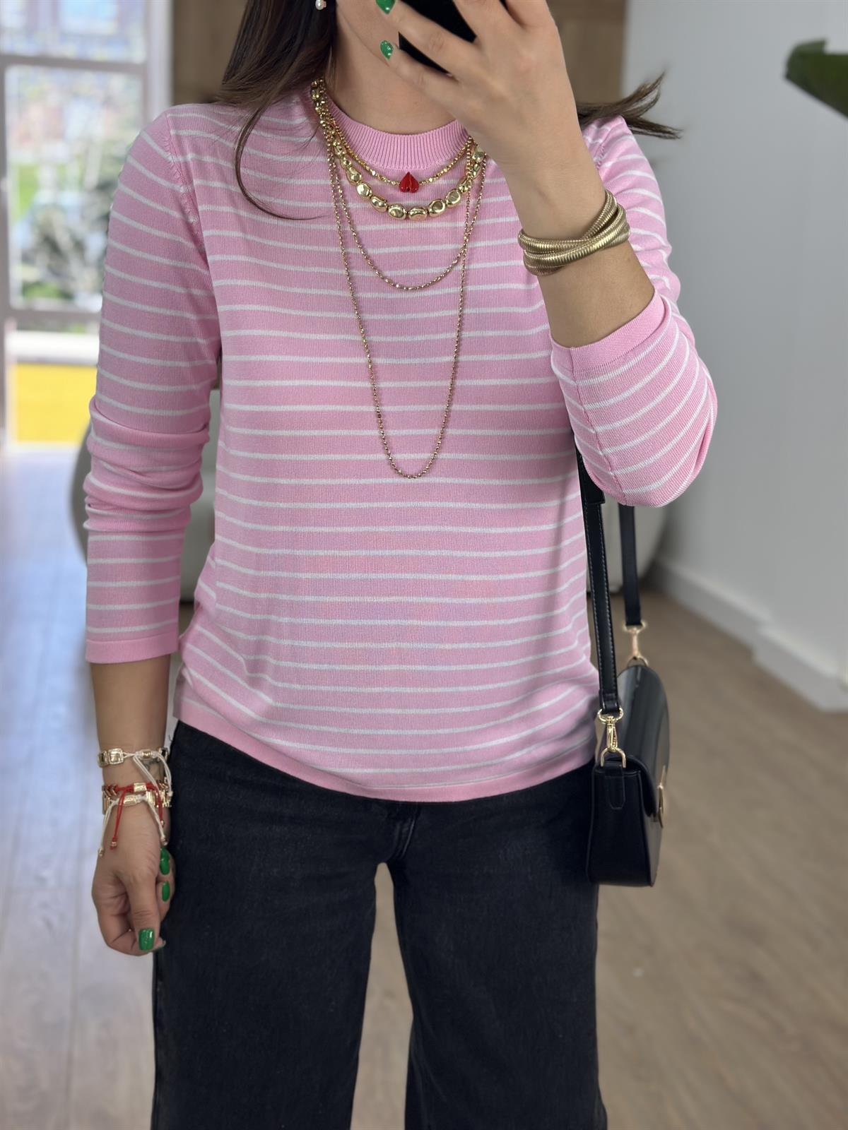 Orjinal Marka Çizgili Merserize Triko-Pembe