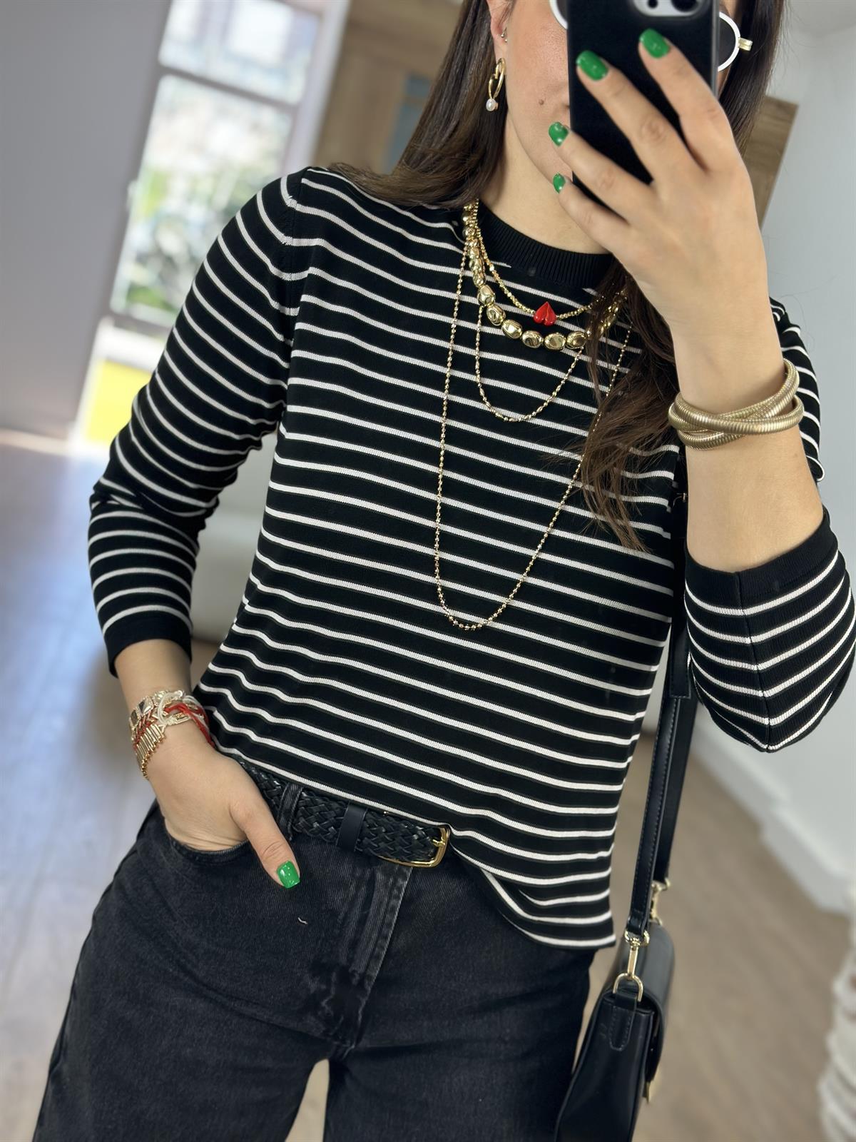 Orjinal Marka Çizgili Merserize Triko-Siyah