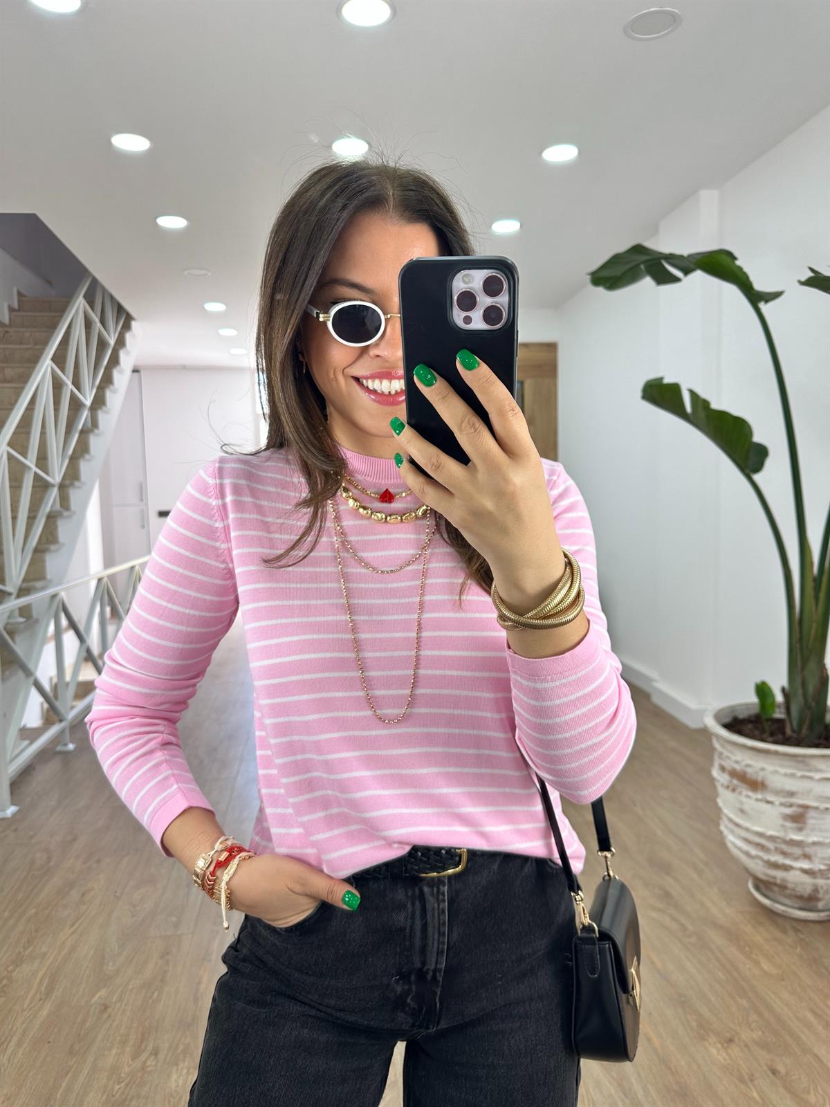 Orjinal Marka Çizgili Merserize Triko-Pembe