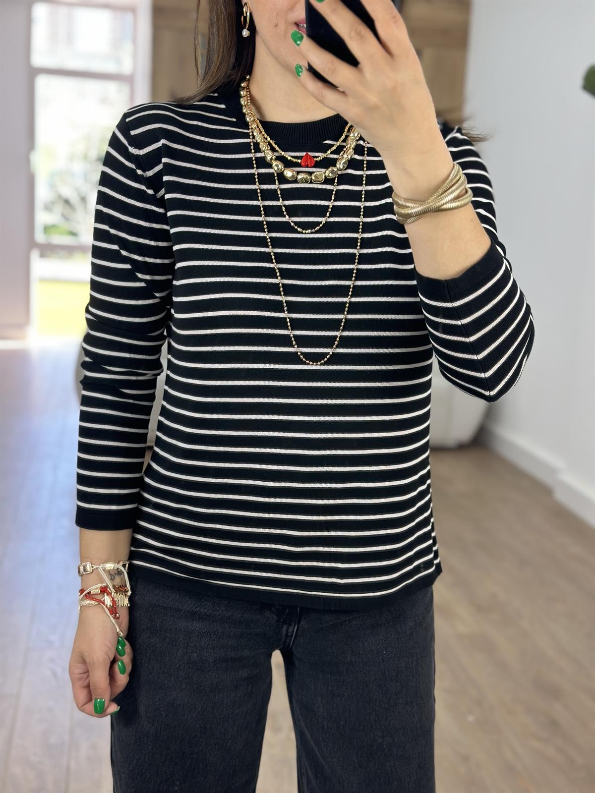 Orjinal Marka Çizgili Merserize Triko-Siyah