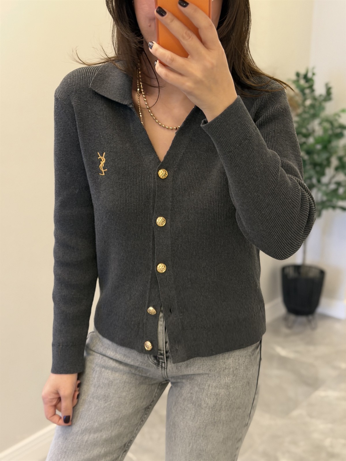 Orjinal Marka Gold Düğmeli Premium Hırka - Gri