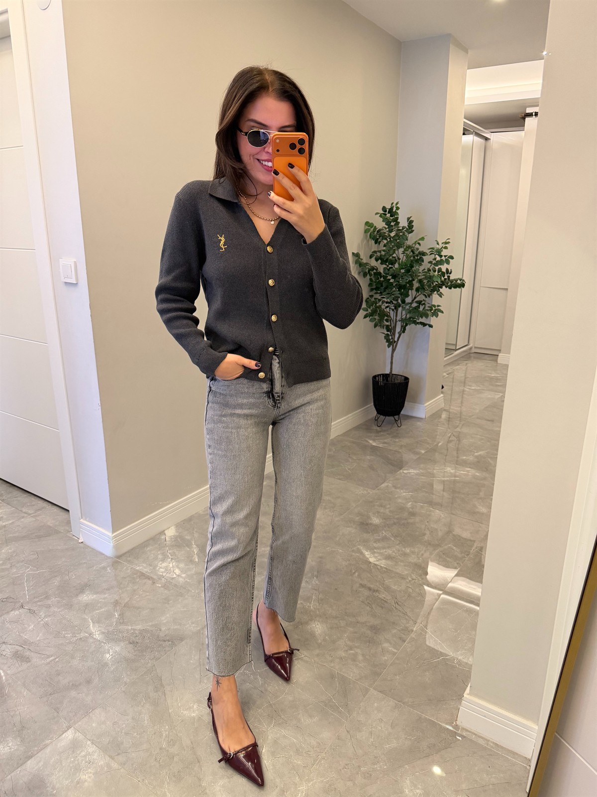 Orjinal Marka Gold Düğmeli Premium Hırka - Gri